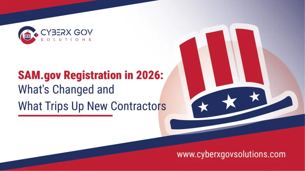 Illustration of SAM.gov registration 2026 process. Showing checklist, UEI, and federal contractor compliance steps.