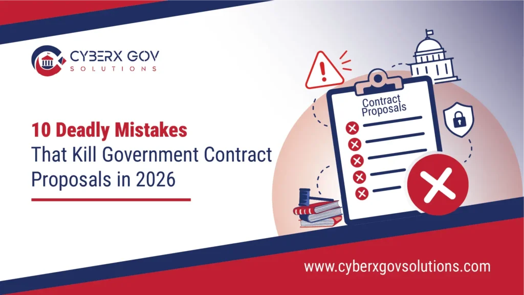 Federal government contract proposal marked with rejection stamp on a desk with RFP documents and a government building in the background