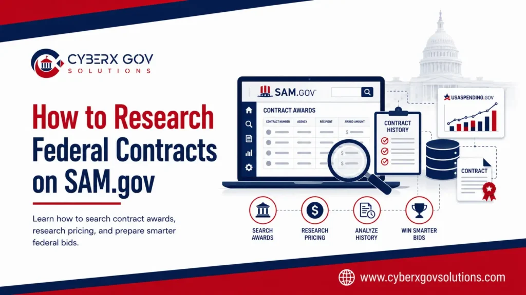 Small business contractor researching federal contract opportunities and award data on SAM.gov