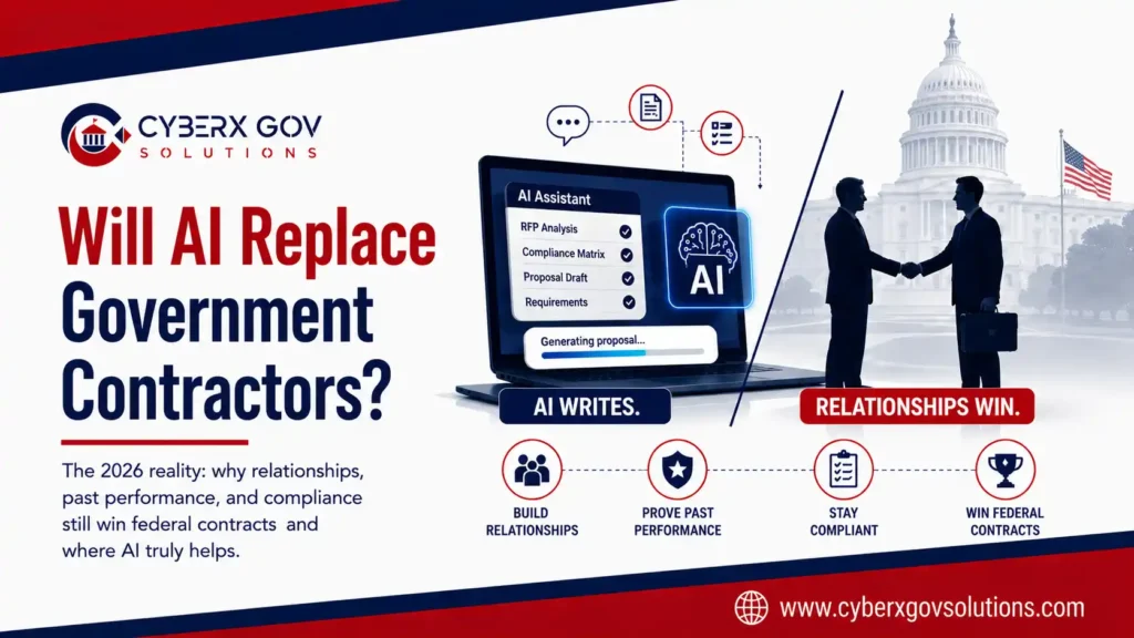 Will AI replace government contractors: split-frame image of an AI chat window drafting proposal text on a laptop beside a handshake between a small business owner and a government official
