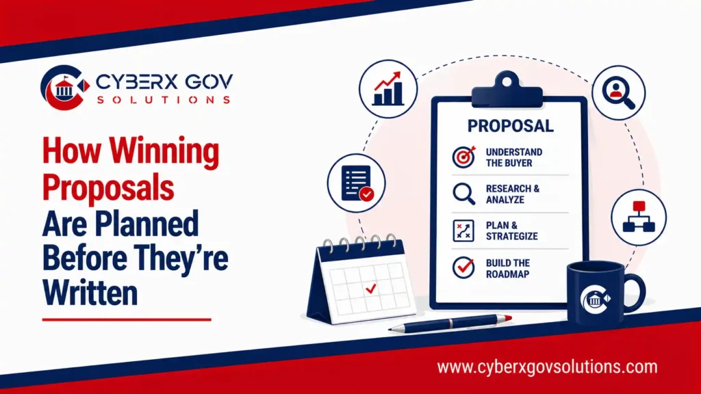 Professional illustration showing Government Proposal Writers planning a winning proposal before drafting, with strategy, compliance, and proposal planning elements.