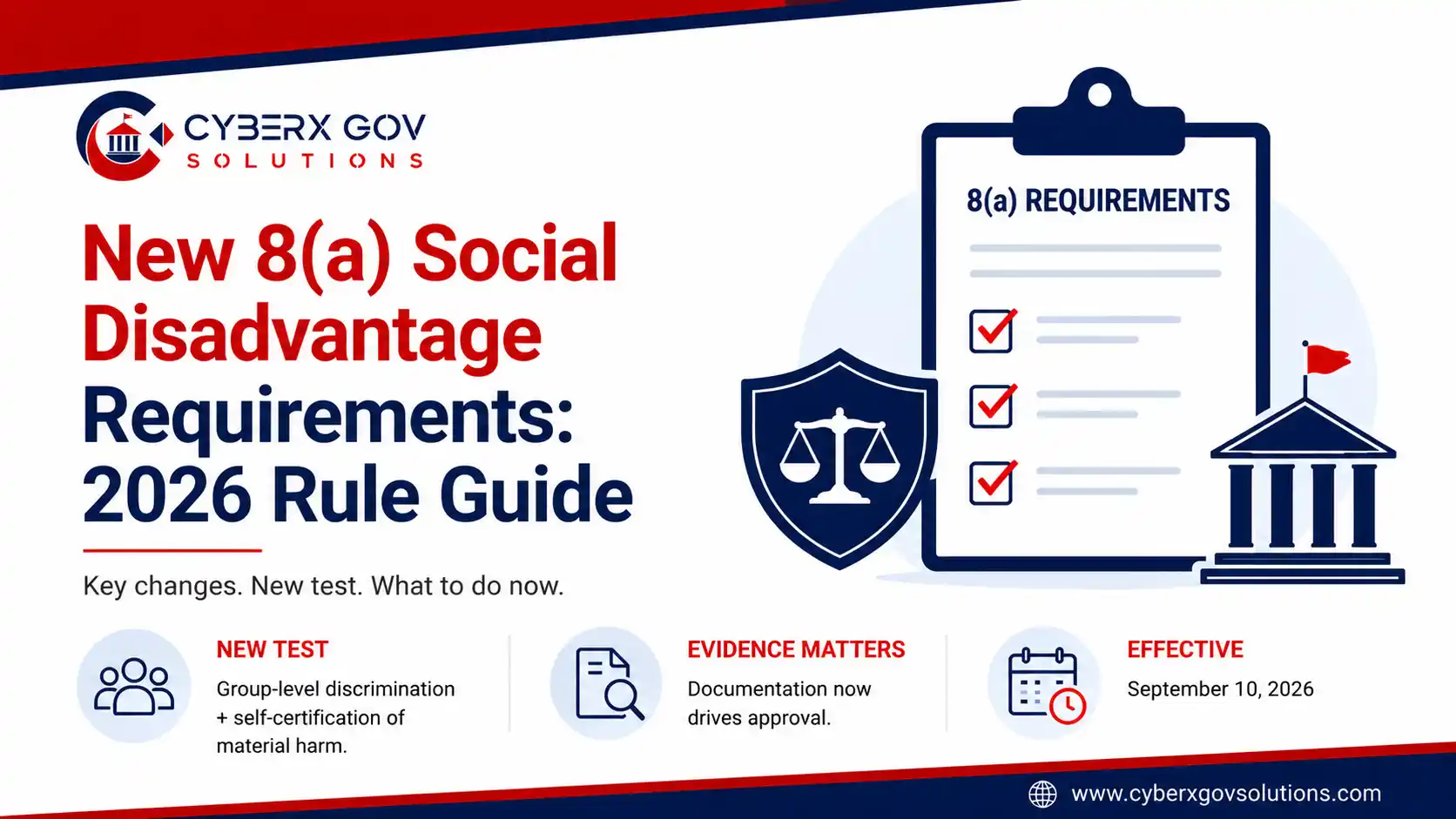 Chart summarizing the new 8(a) social disadvantage requirements under the 2026 SBA final rule