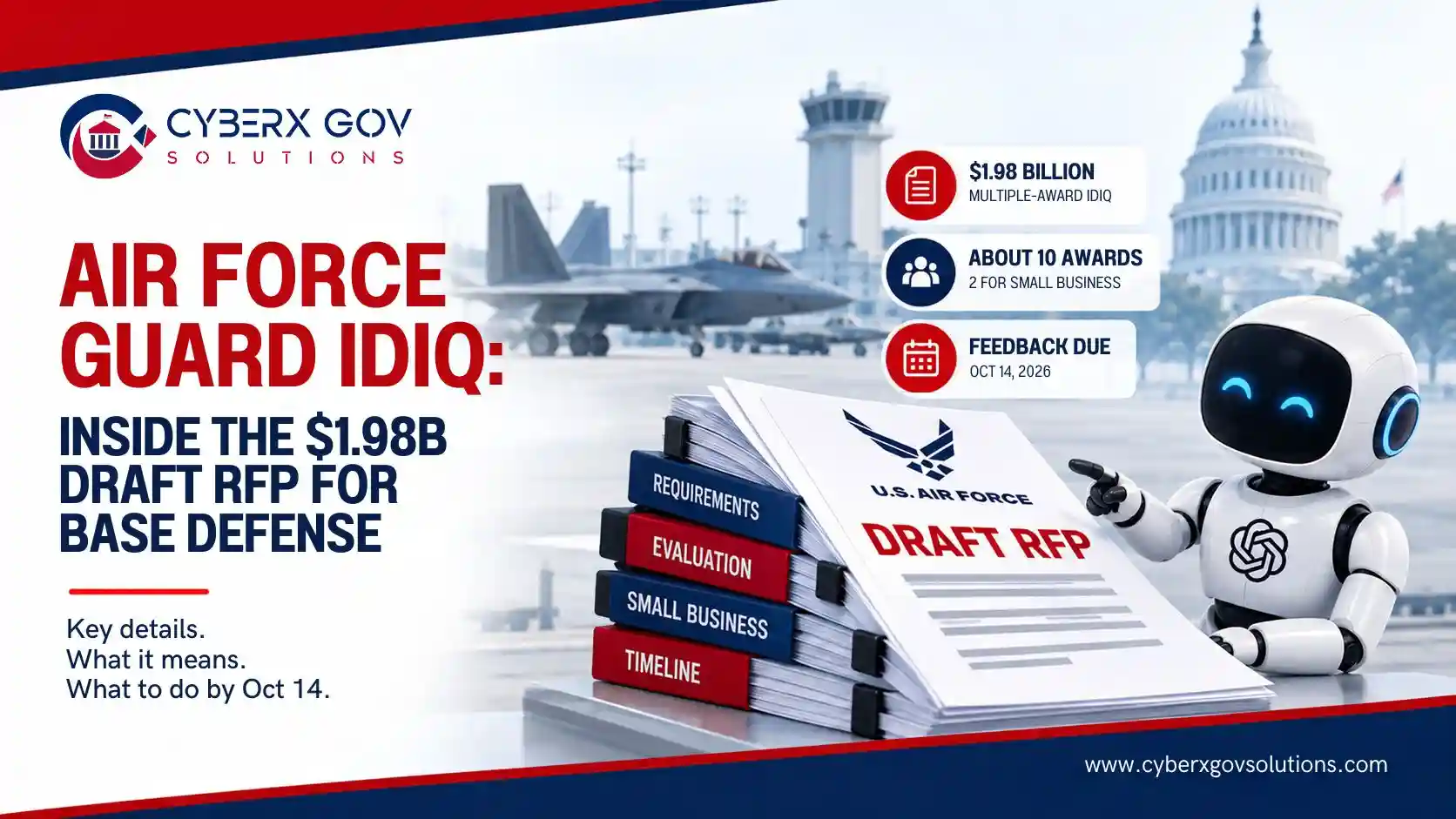 Infographic summarizing the Air Force GUARD IDIQ draft RFP ceiling, awards, and deadline
