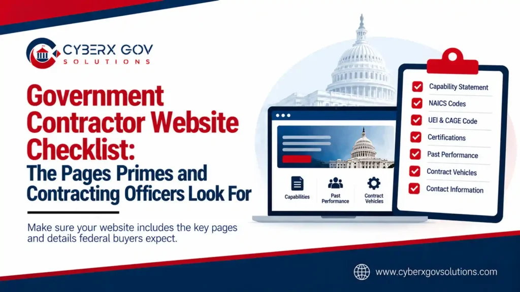 Government contractor website checklist showing NAICS, UEI, CAGE, and capability statement placement